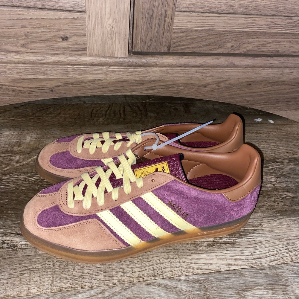 Adidas Men's Purple and Tan Sneakers with Yellow Accents